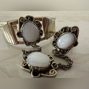 Sterling Silver-Color White Stone Connected Slave Bracelet and Ring Set